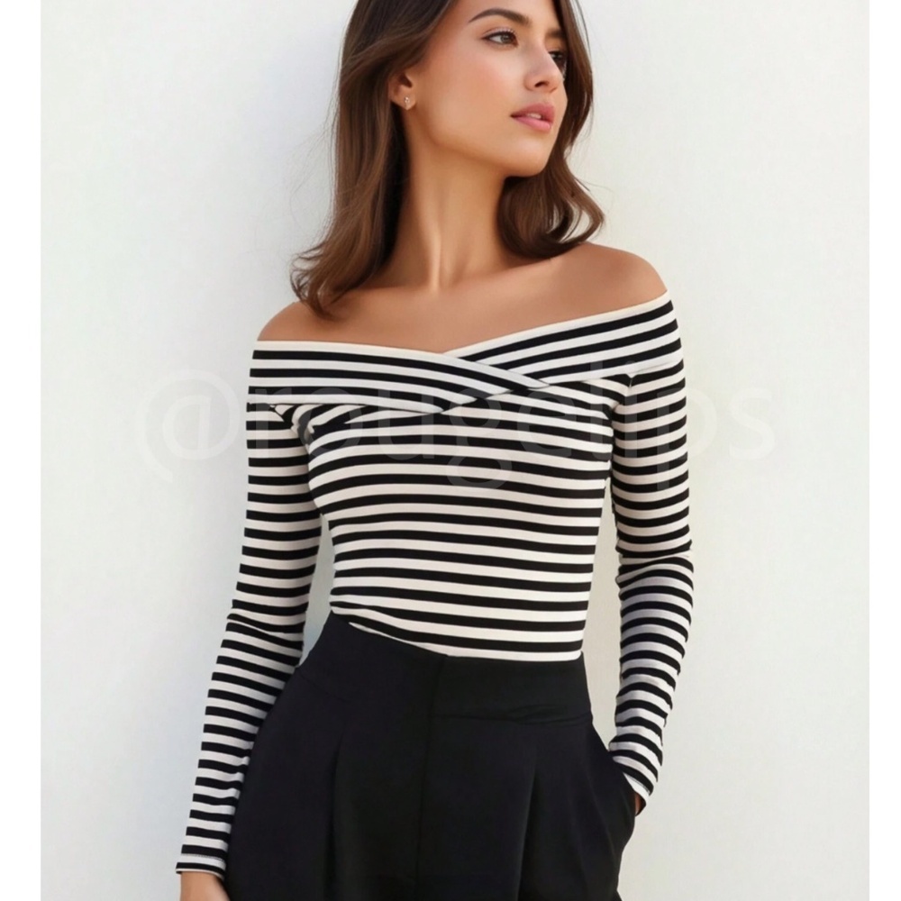 Black & White Striped Off Shoulder Long Sleeve Tee Shirt Top Slim Fit